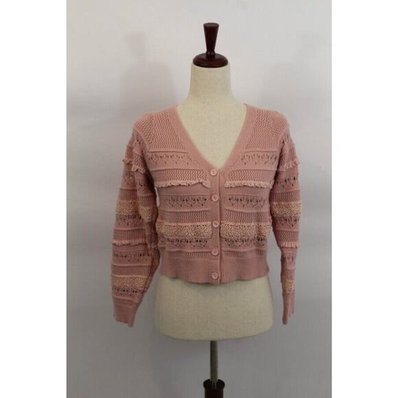 ALLISON New York Sz XS Pink Crochet Cropped Levy Cardigan Sweater - Picture 2 of 9